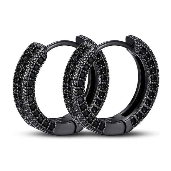 Black Plated Mens Sterling Silver Fully Iced Black Onyx Cz Hoop Earrings - Picture 1 of 6